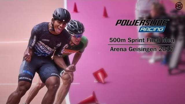 Colombian speed skater Edwin Estrada leads the 500m at the Arena Geisingen International 2017