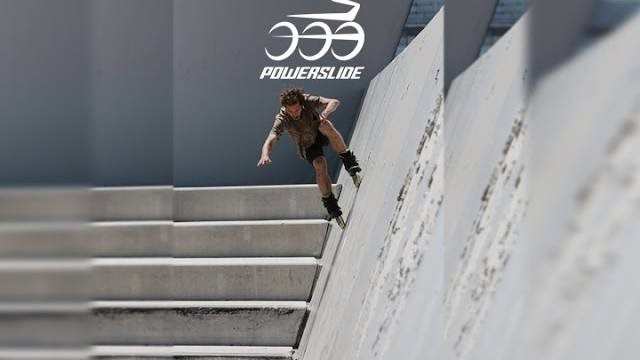 3-wheel Powerslide skates at the feet of Dustin Werbeski